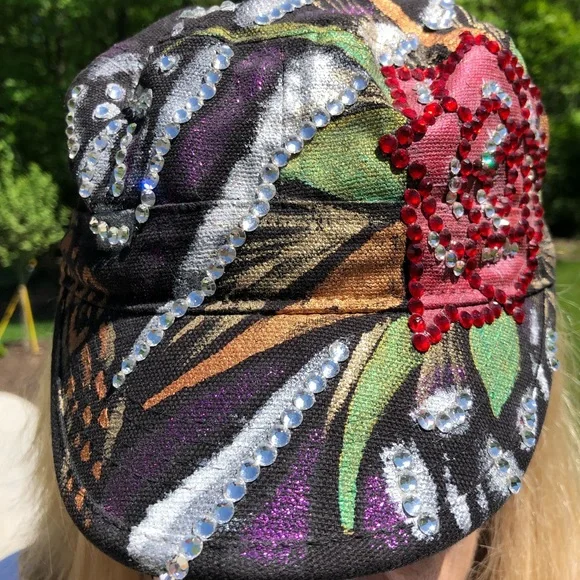 Trucker hat embellished with metallic paint, crystals, and beads - adjustable - Picture 2 of 15